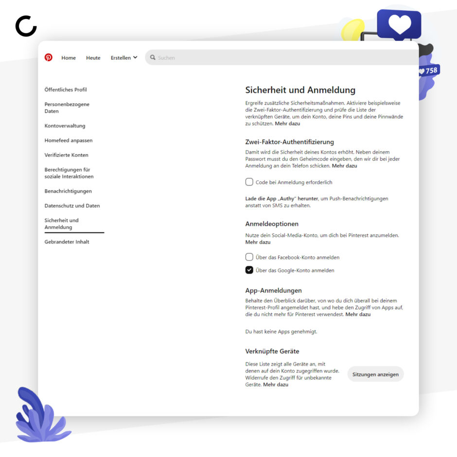 Bei Pinterest wird die 2-Faktor-Authentifizierung in den Profileinstellungen vorgenommen.