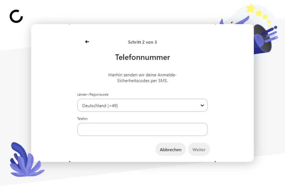 Bestätigung der Telefonnummer bei Pinterest.