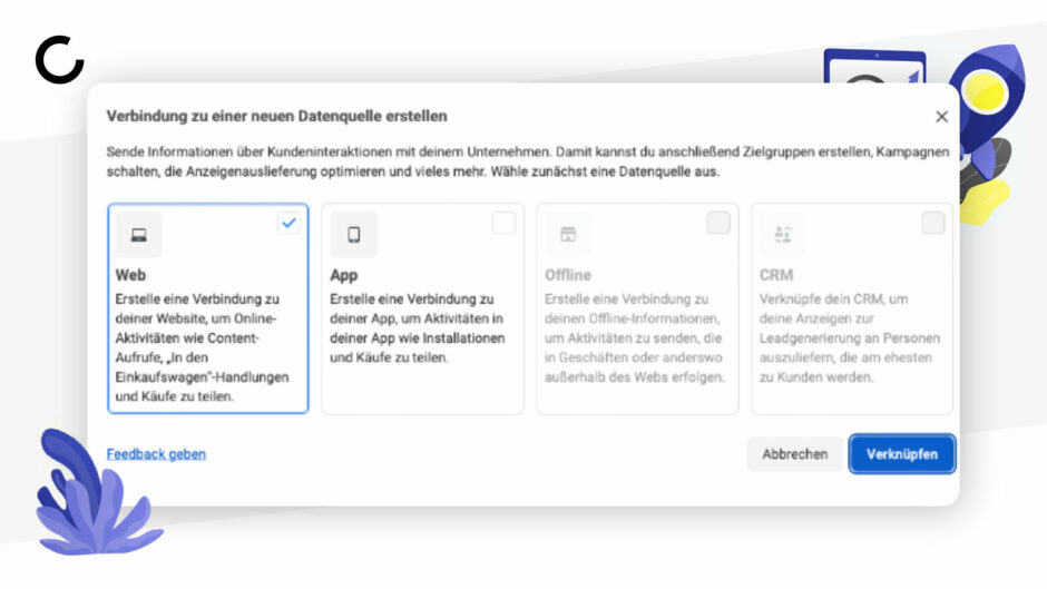In diesem Schritt könnt ihr das Facebook Pixel mit eurer Website verknüpfen.