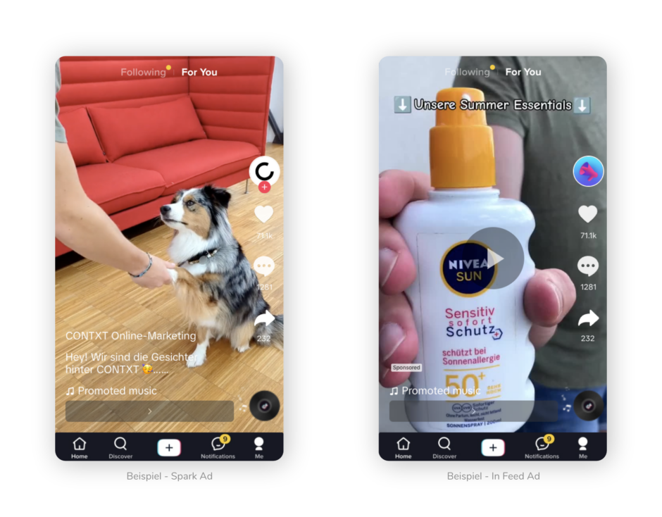 Beispiele für TikTok Ads. In-Feed Ads und Spark Ads.