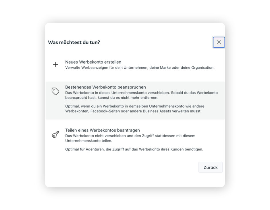 Bestehendes Werbekonto beanspruchen um Meta Business Suite einzurichten