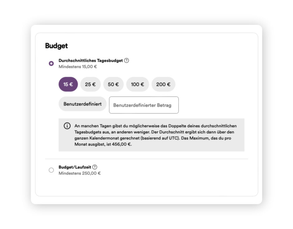 Einstellen des Budgets im Spotify Ads Studio zum Spotify Ads schalten.