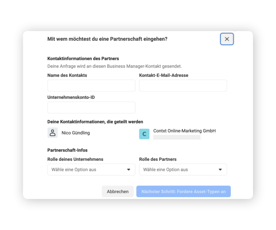Meta Business Manager Kontaktinformationen Partner
