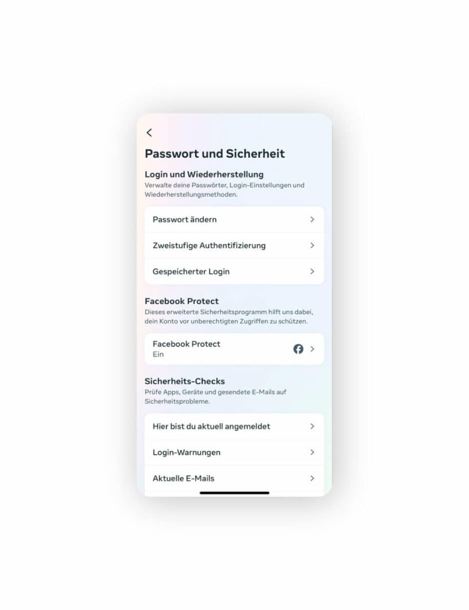 Meta Passwort und Sicherheit Sektion